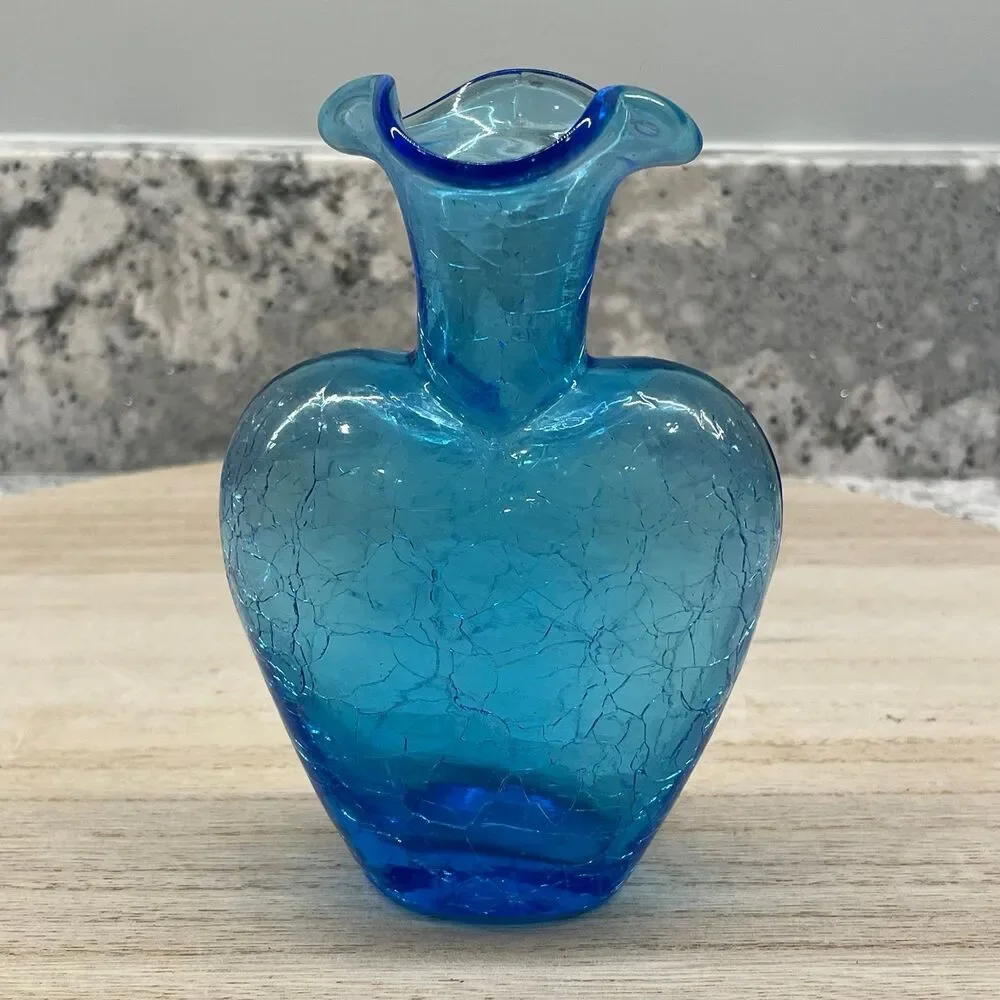 Vintage Blue Hand Blown Heart Shaped Glass Bud Vase Ruffled Rim MCM